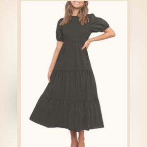 🆕 ZESICA SHORT PUFF SLEEVE SMOCKED HIGH WAIST RUFFLE MIDI DRESS Small